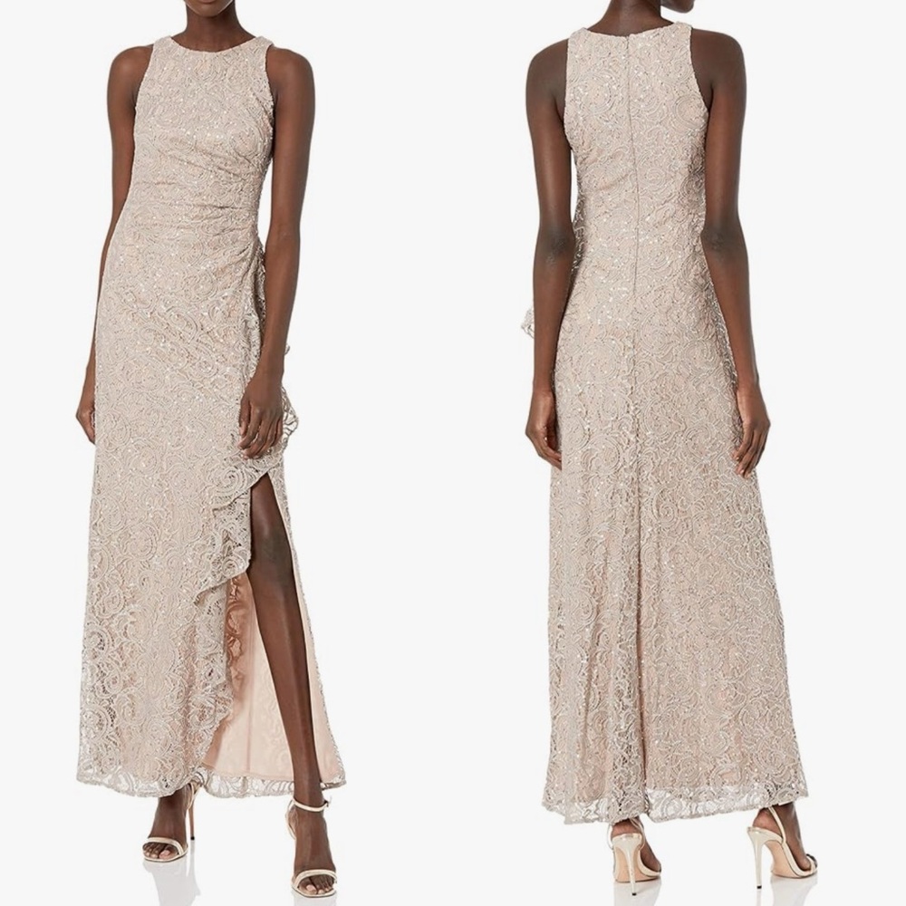 Alex Evenings Women's Long Sleeveless Cascade Ruffle Detail Dress Front Slit